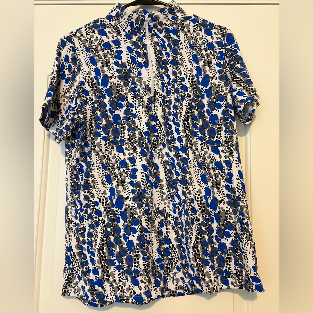 Ibkul Shirt 1/4 Zip Top Short Sleeve Blue Black Mesh Sleeve UPF Kamila Large